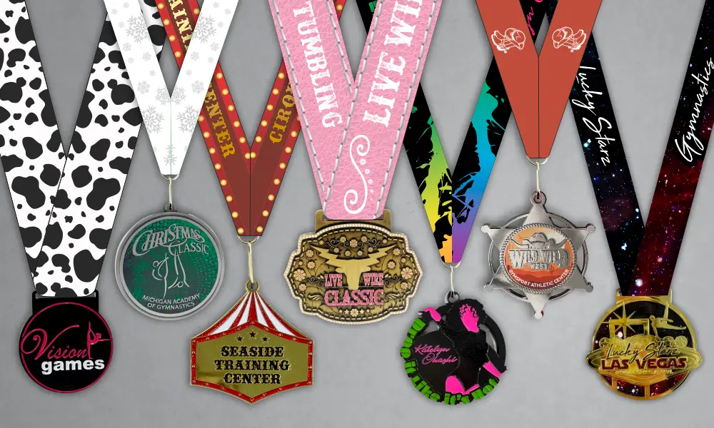 Custom diecast medals displayed with personalized full-color neck ribbons