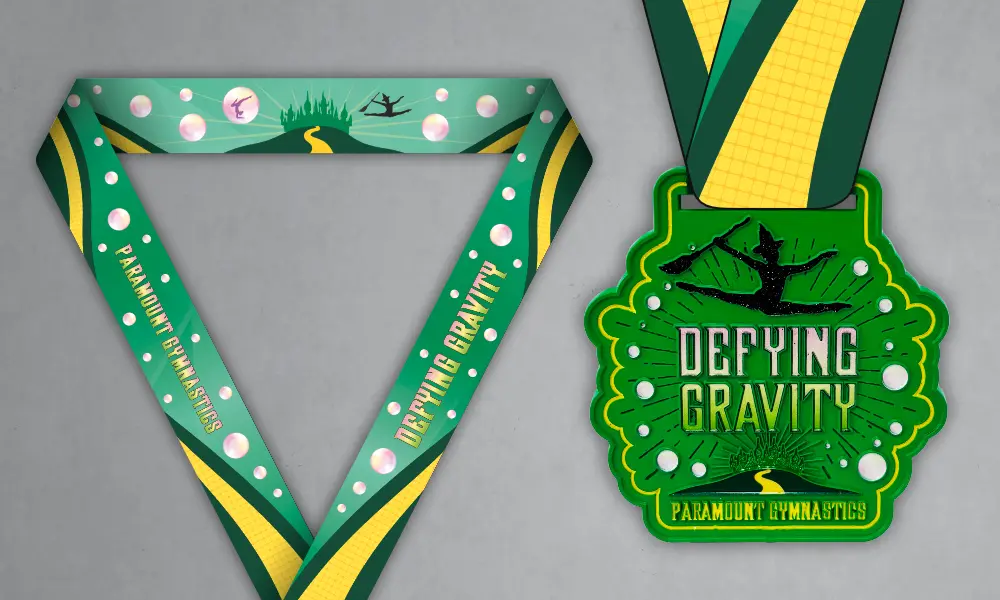Defying Gravity Custom Gymnastics Medal Custom Defying Gravity gymnastics medal with green and yellow matching neck ribbon