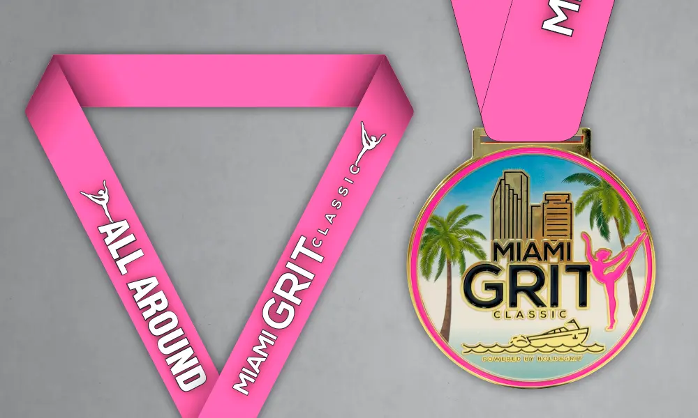Miami Grit Custom Gymnastics Medal Custom Miami Grit gymnastics medal with pink matching neck ribbon