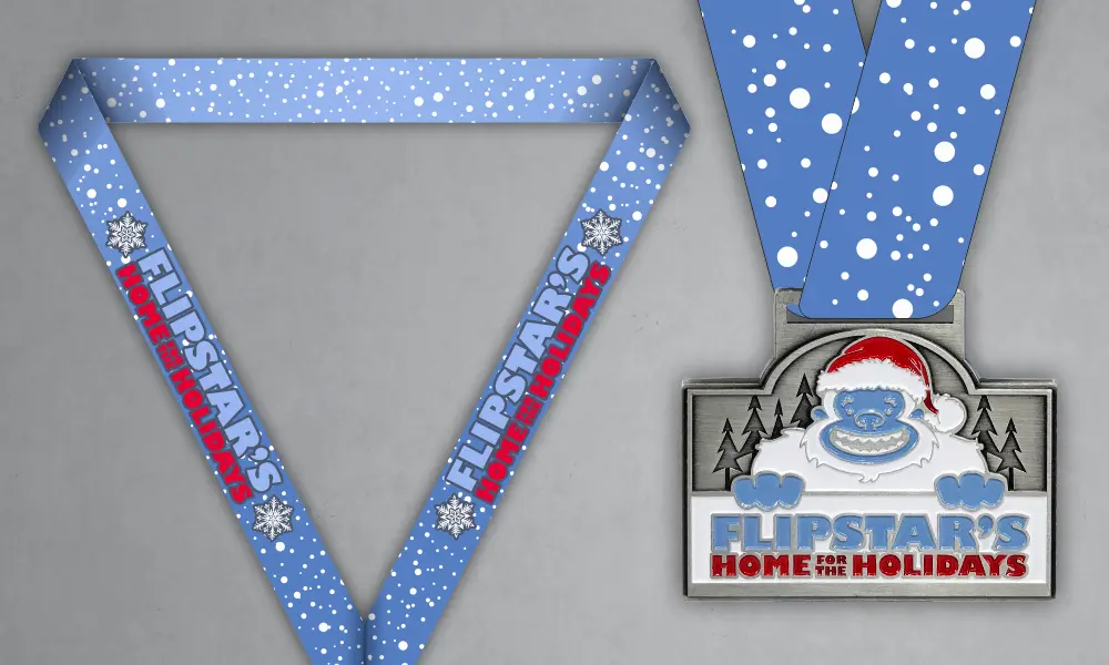 Flipstars Holiday Custom Gymnastics Medal Custom Flipstars holiday gymnastics medal with blue snowflake neck ribbon