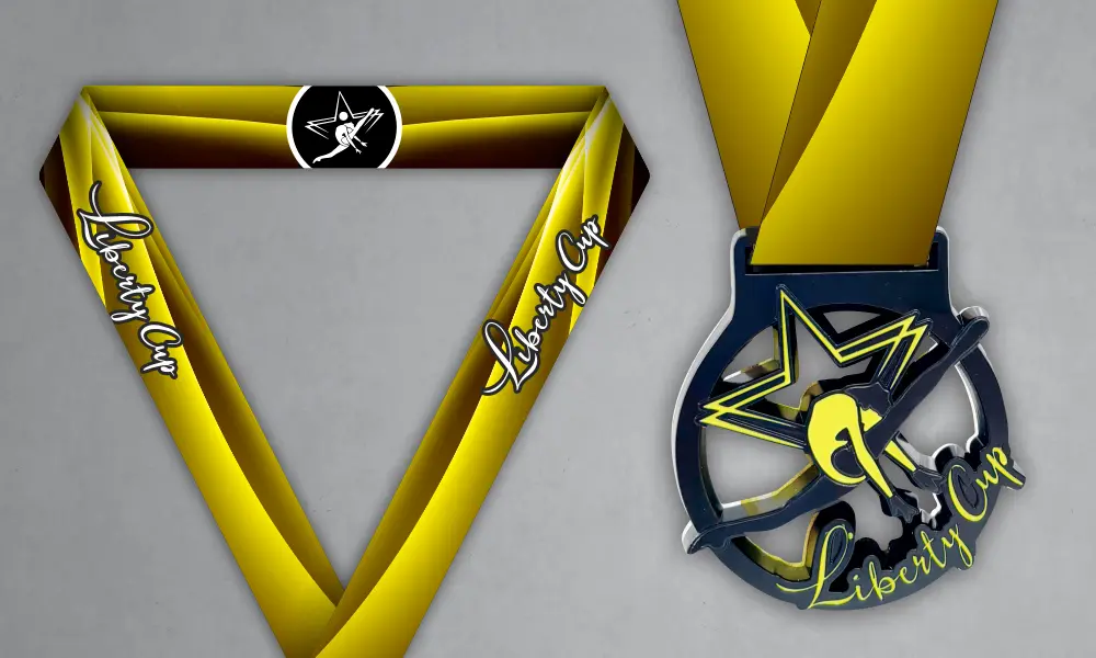 Liberty Cup Custom Archery Medal Custom Liberty Cup archery medal with gold and black matching neck ribbon