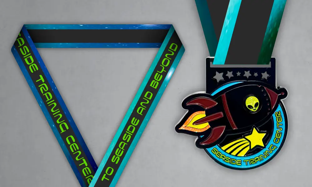 Custom Space and Rocket Medal Custom rocket-shaped medal with blue and green space-themed neck ribbon