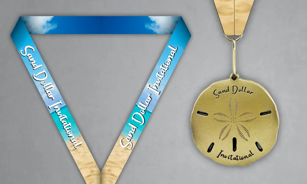Sand Dollar Invitational Custom Medal Custom sand dollar medal with blue beach-themed neck ribbon