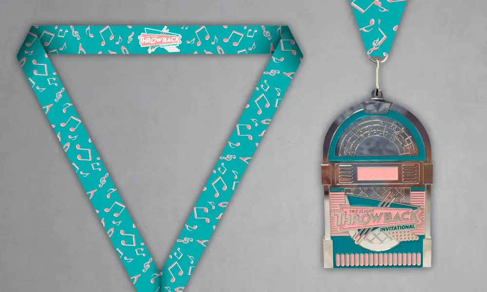 Throwback Invitational Custom Music Medal Custom jukebox medal with turquoise music-note neck ribbon