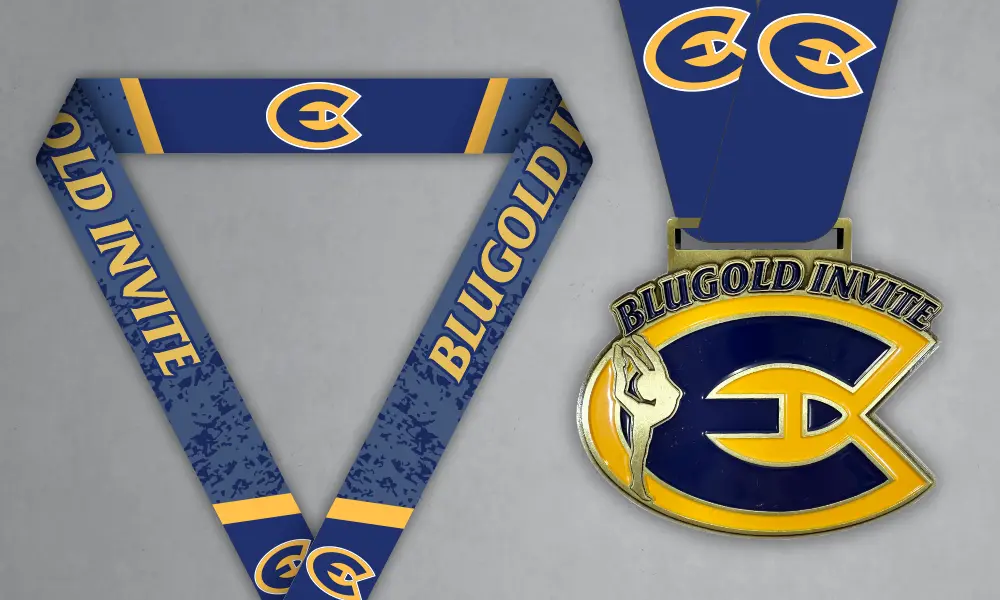 Blugold Invite Custom Gymnastics Medal Custom Blugold Invite gymnastics medal with blue and gold neck ribbon