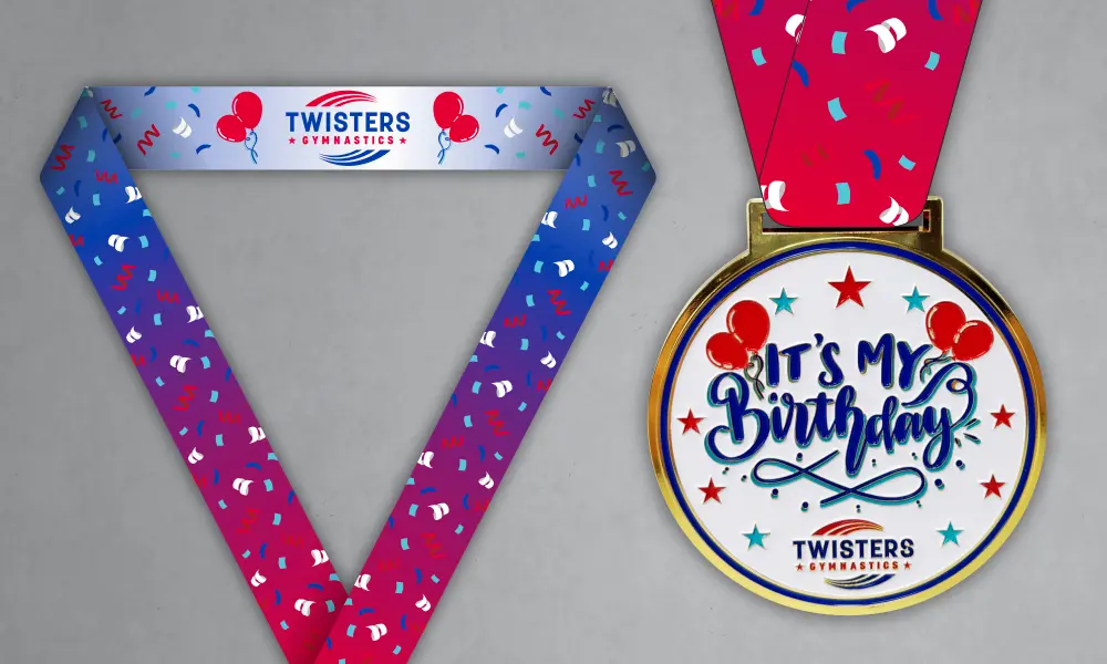 Custom Birthday Gymnastics Medal Custom gold birthday gymnastics medal with red and blue confetti neck ribbon