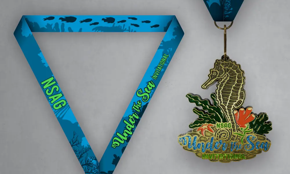 Under the Sea Custom Medal Custom Under the Sea seahorse medal with blue ocean-themed neck ribbon