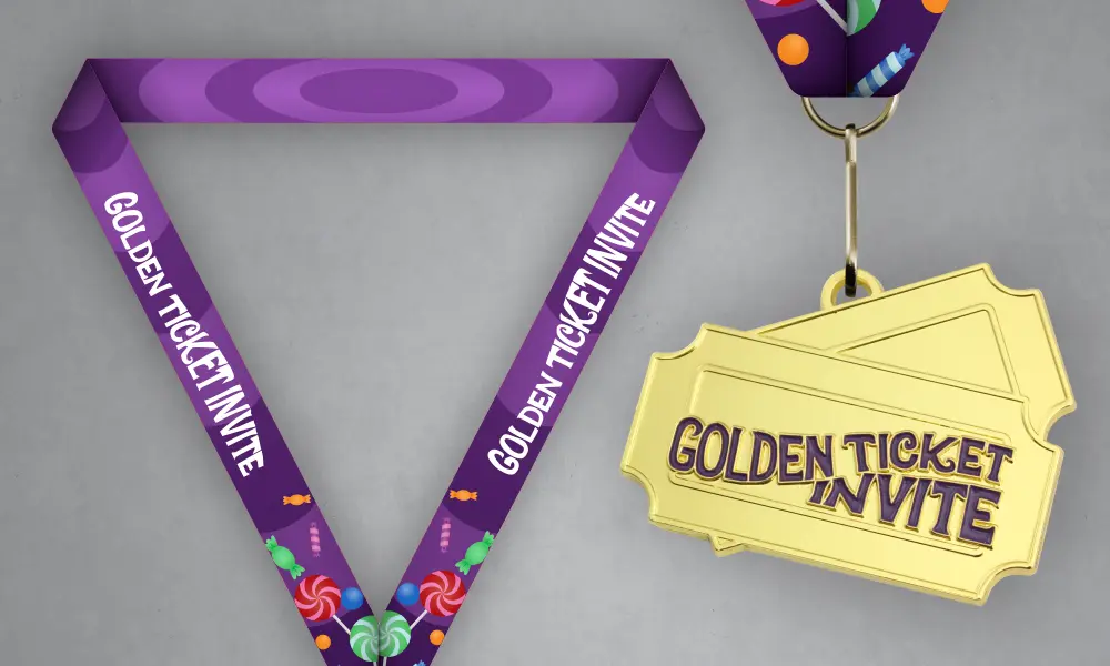 Golden Ticket Invite Custom Medal Custom golden ticket medal with purple candy-themed neck ribbon
