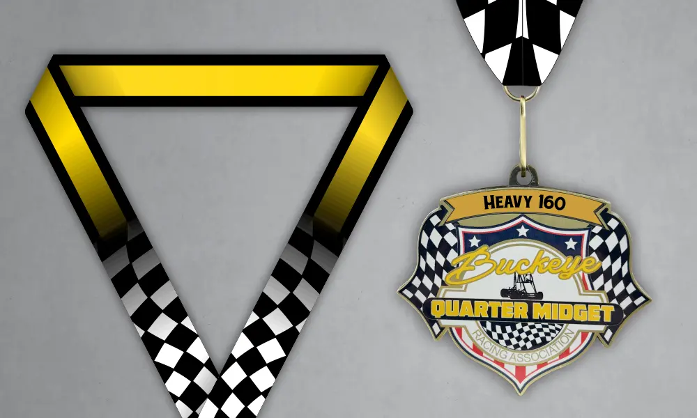 Buckeye Quarter Midget Racing Medal Custom quarter midget racing medal with yellow and checkered neck ribbon