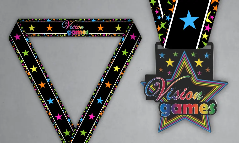 Vision Games Custom Star Medal Custom Vision Games star medal with multicolored matching neck ribbon