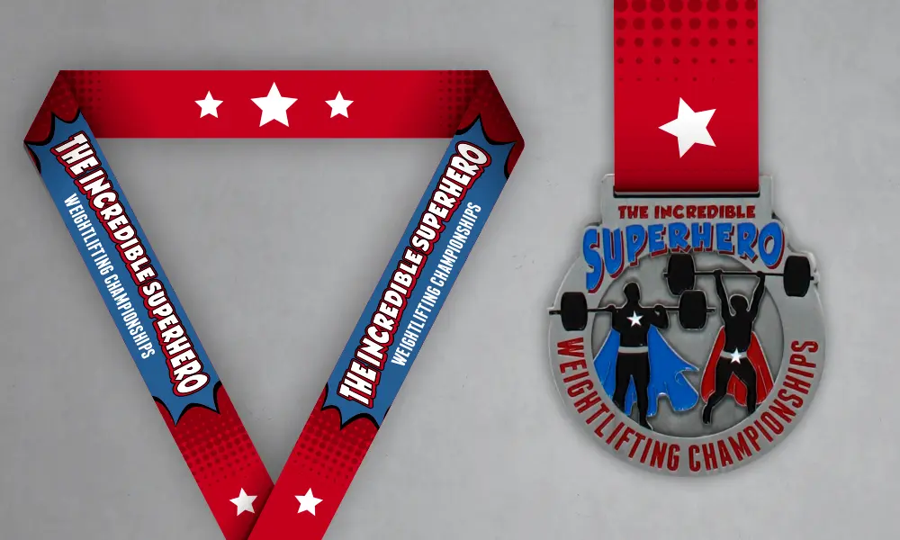 Superhero Weightlifting Championship Medal Custom superhero weightlifting medal with red and blue matching neck ribbon