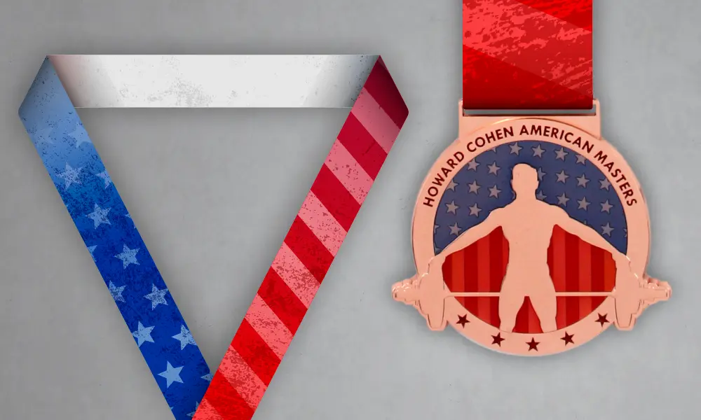 Howard Cohen American Masters Medal Custom American Masters weightlifting medal with patriotic neck ribbon