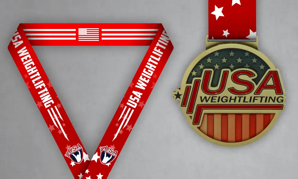 USA Weightlifting Custom Medal Custom USA Weightlifting medal with red patriotic neck ribbon