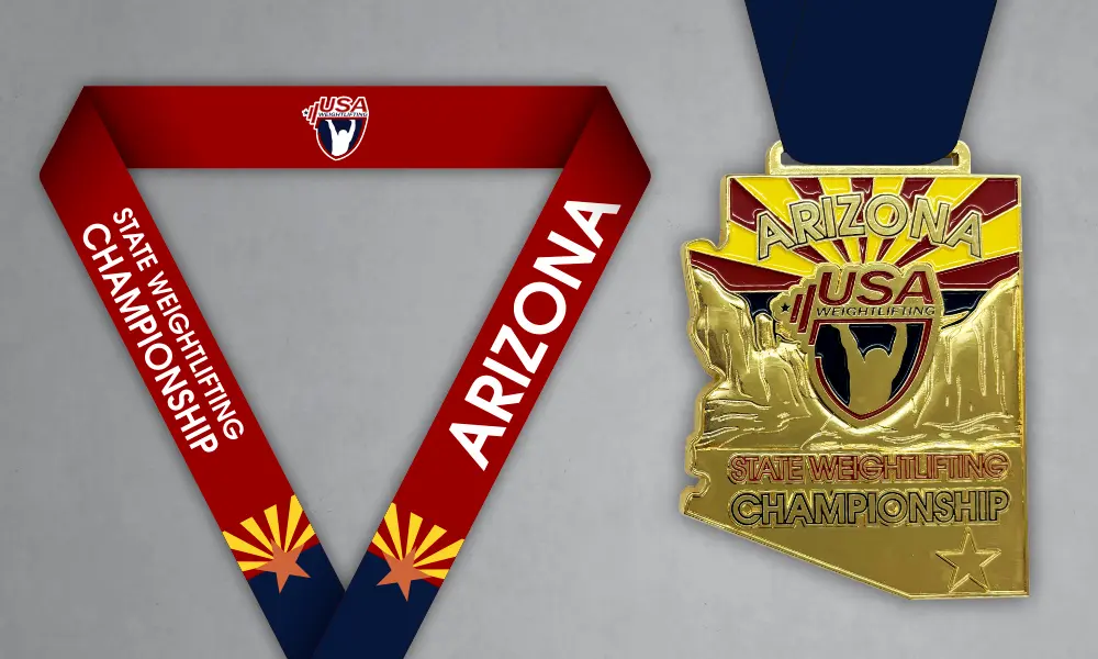 Arizona State Weightlifting Medal Custom Arizona weightlifting medal with red and blue neck ribbon