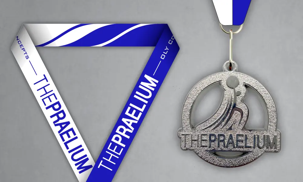 The Praelium Custom Weightlifting Medal Custom silver weightlifting medal with blue and white neck ribbon