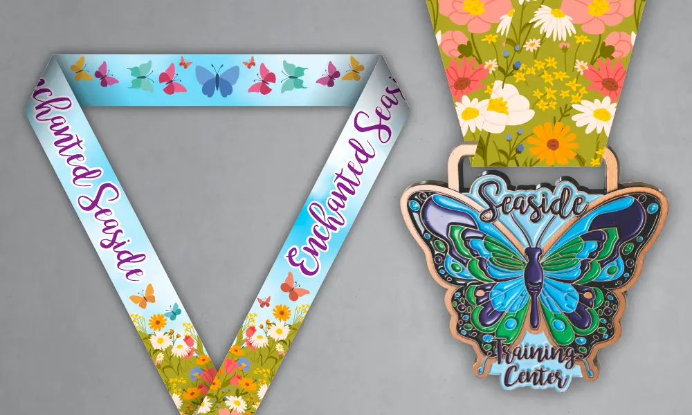 Enchanted Seaside Custom Butterfly Medal Custom butterfly medal with floral and butterfly neck ribbon