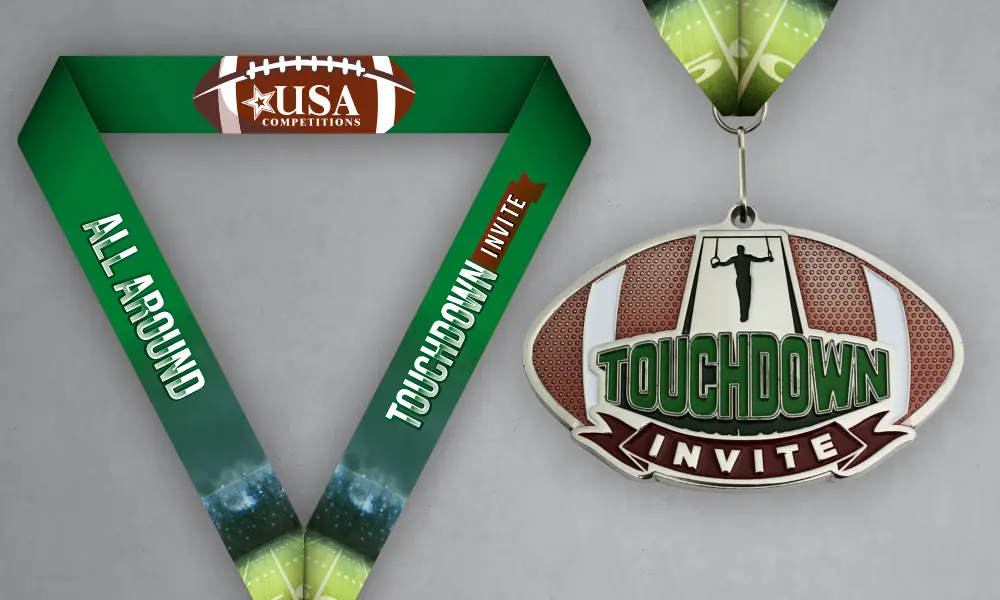 Touchdown Invite Custom Football Medal Custom football-shaped medal with green Touchdown Invite neck ribbon