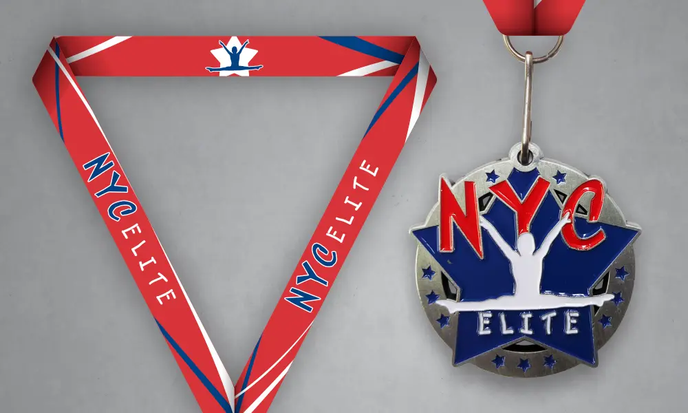 NYC Elite Custom Gymnastics Medal Custom NYC Elite gymnastics medal with red, white and blue neck ribbon