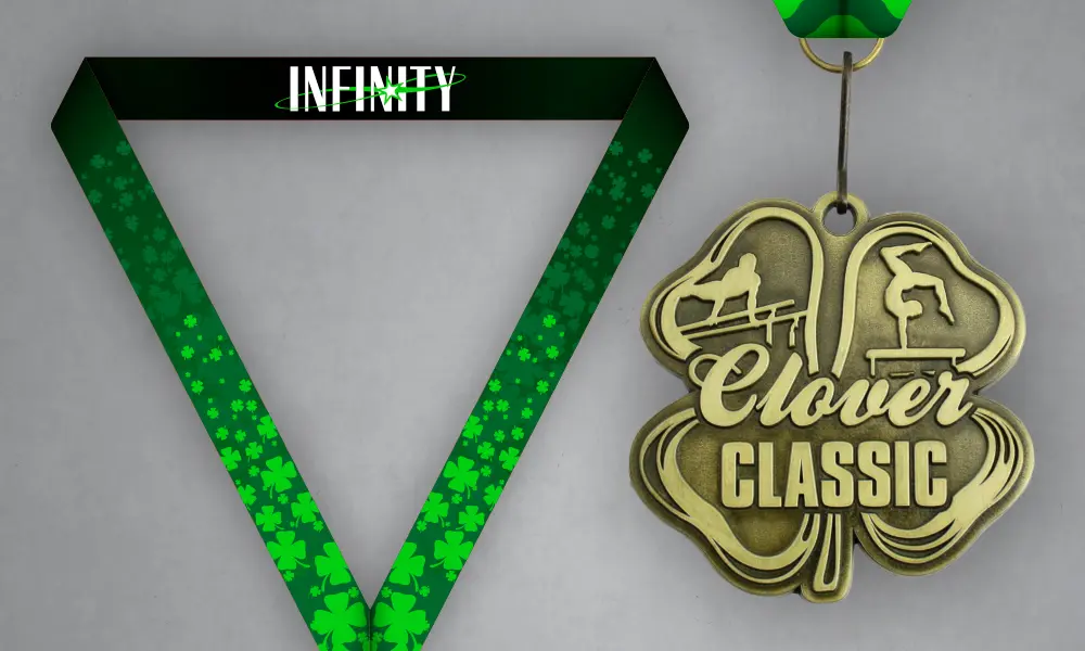 Clover Classic Custom Gymnastics Medal Custom Clover Classic gymnastics medal with green shamrock neck ribbon