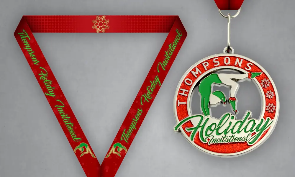 Thompsons Holiday Invitational Medal Custom holiday gymnastics medal with red and green matching neck ribbon