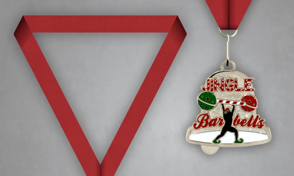 Jingle Barbells Custom Weightlifting Medal Custom Jingle Barbells holiday weightlifting medal with red neck ribbon