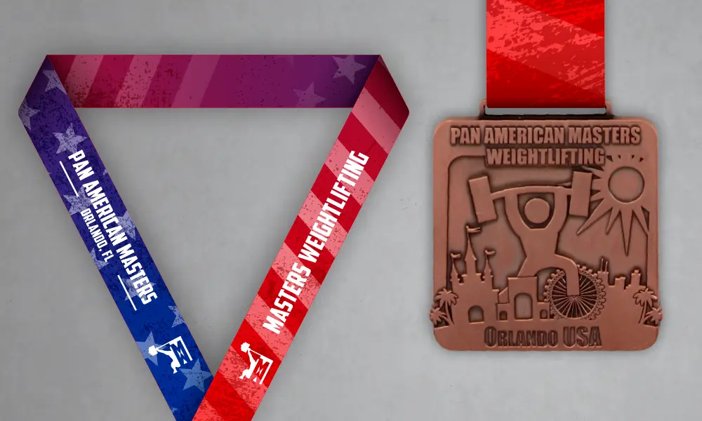 Pan American Masters Weightlifting Medal Custom Pan American Masters weightlifting medal with red and blue neck ribbon