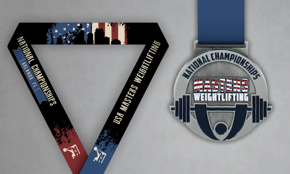 USA Masters Weightlifting Championship Medal Custom USA Masters Weightlifting national championship medal with black patriotic neck ribbon